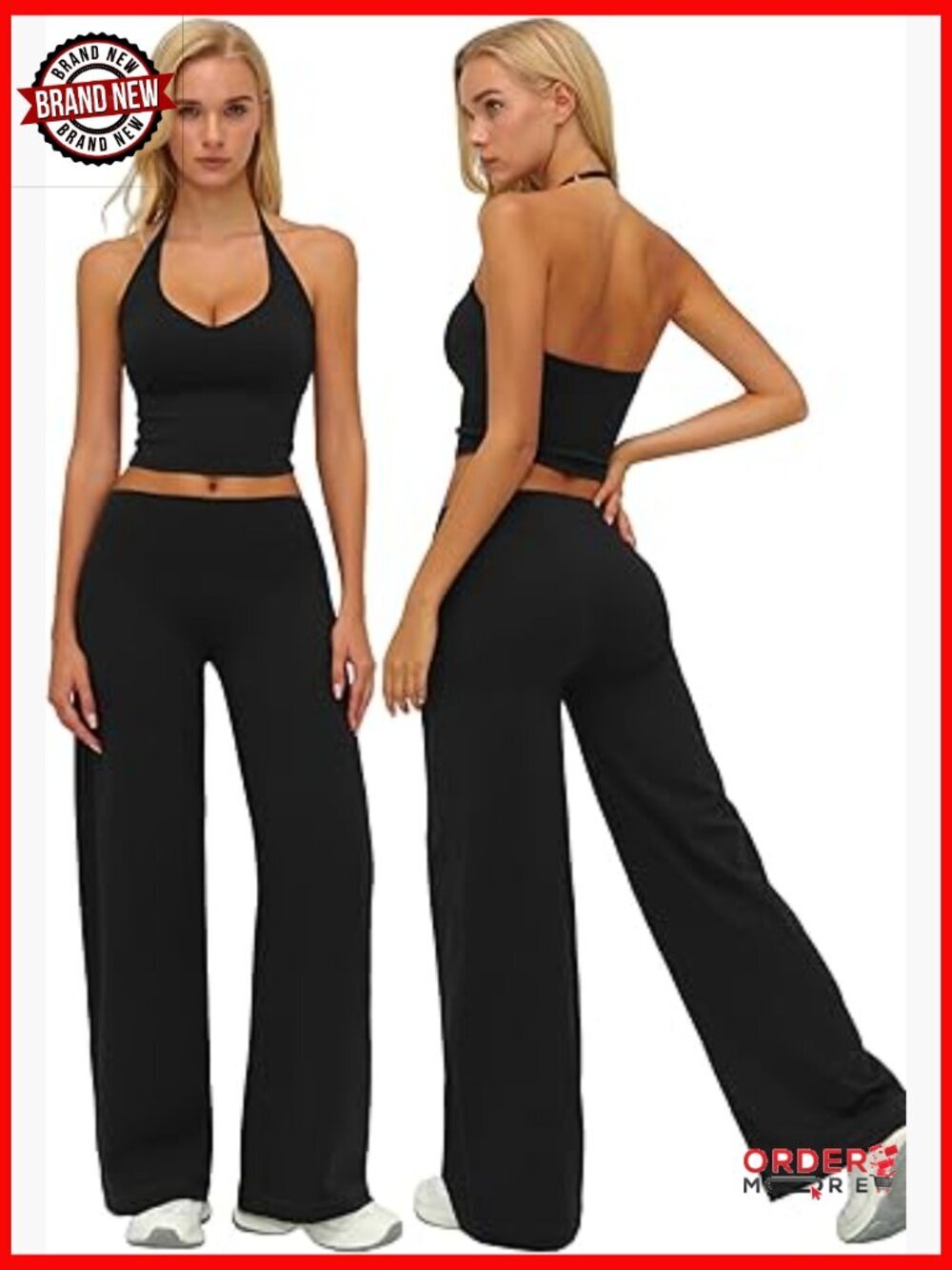 2 Piece Workout Sets Spaghetti Straps U Back Tank High Waist Wide Leg Pants